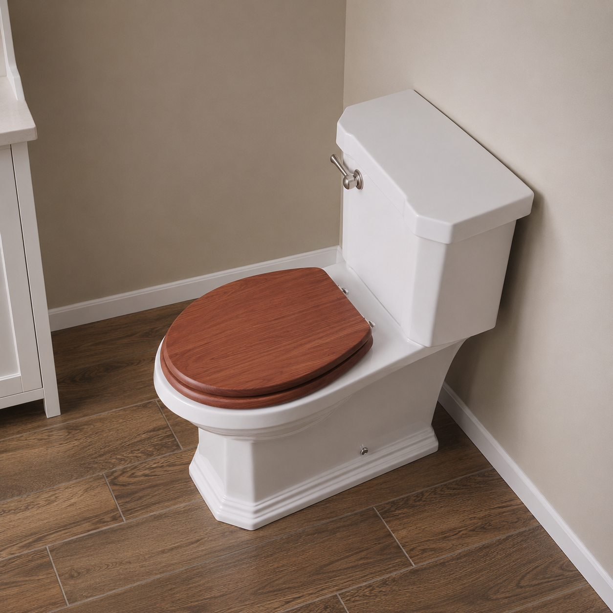 Jones Stephens C3B2E115BN Cherry Wood Elongated Toilet Seat with Brushed Nickel Hinges