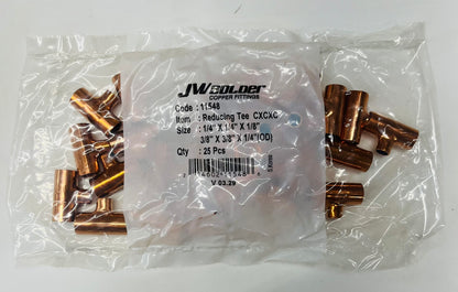 JW Solder Copper Reducing Tee – 1/4" x 1/4" x 1/8" CxCxC (25 Pack)