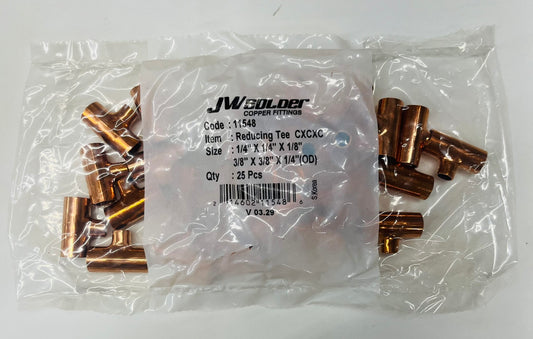 JW Solder Copper Reducing Tee – 1/4" x 1/4" x 1/8" CxCxC (25 Pack)
