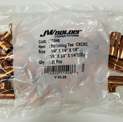 JW Solder Copper Reducing Tee – 1/4" x 1/4" x 1/8" CxCxC (25 Pack)