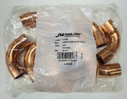 JW Solder 3/4" Copper Long Radius 90° Elbow C x C (10 Pack)