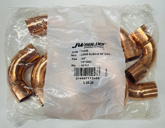 JW Solder 3/4" Copper Long Radius 90° Elbow C x C (10 Pack)