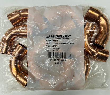 JW Solder 3/4" Copper Long Radius 90° Elbow C x C (10 Pack)