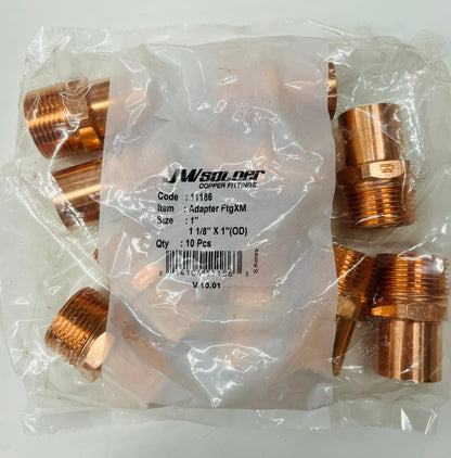 JW Solder 1" Copper Adapter – 1-1/8" OD Female Sweat × 1" MIP (FTG x M)