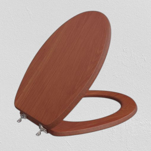 North Country Supply decorative elongated toilet seat in cherry wood finish with brushed nickel hinges.