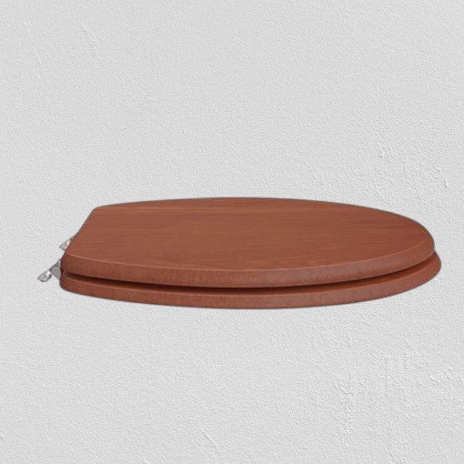 North Country Supply decorative wood toilet seat in cherry finish with brushed nickel hinges for elongated bowls.