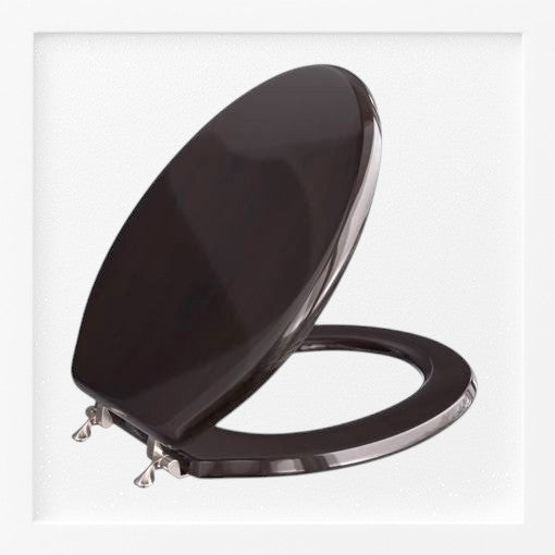 North Country Supply dark brown wooden toilet seat with metal hinges. Classic oval shape, durable and easy to clean.