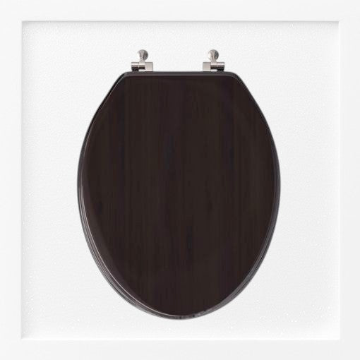 North Country Supply dark brown wooden toilet seat with silver hinges. Classic oval shape.