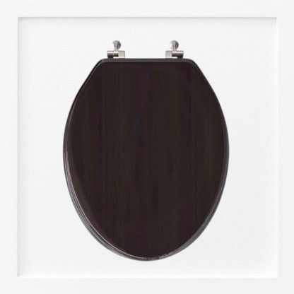 North Country Supply dark brown wooden toilet seat with silver hinges. Classic oval shape.