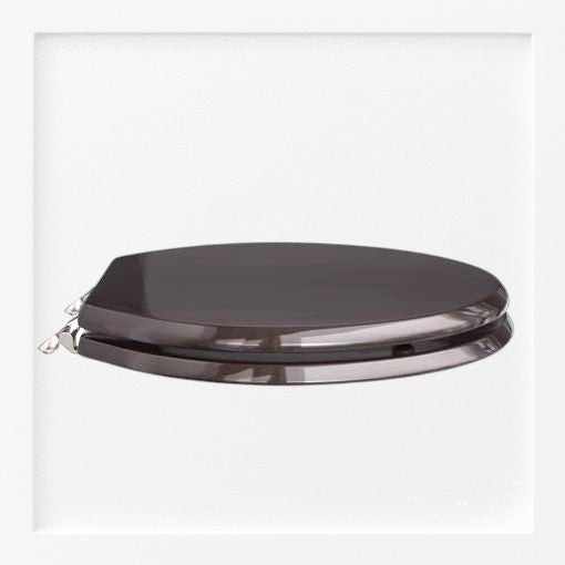 North Country Supply dark brown wooden toilet seat with silver hinges. Classic oval shape, durable wood construction.