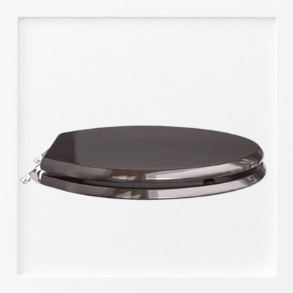 North Country Supply dark brown wooden toilet seat with silver hinges. Classic oval shape, durable wood construction.
