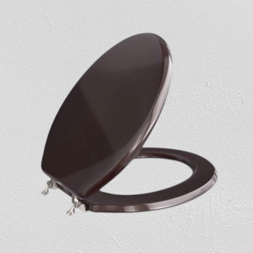 North Country Supply dark brown wooden oval toilet seat with lid and polished chrome hinges.