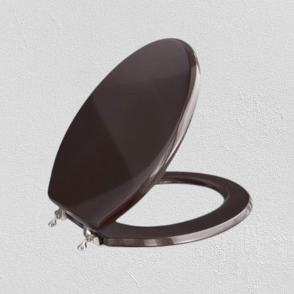 North Country Supply dark brown wooden oval toilet seat with lid and polished chrome hinges.