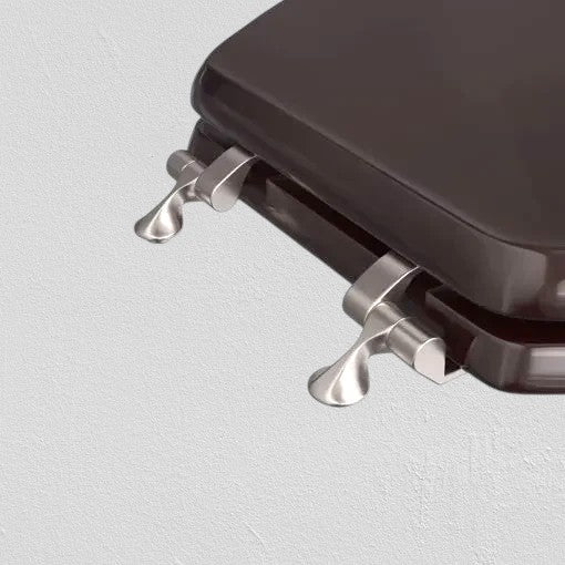 North Country Supply dark brown wooden toilet seat with lid and polished chrome hinges.