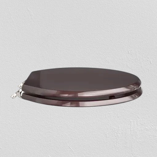 North Country Supply dark brown wooden toilet seat with lid and polished chrome hinges. Oval shape, comfortable and durable.