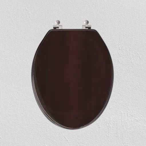 North Country Supply dark brown wooden toilet seat with lid and polished chrome hinges. Oval shape.