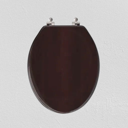 North Country Supply dark brown wooden toilet seat with lid and polished chrome hinges. Oval shape.