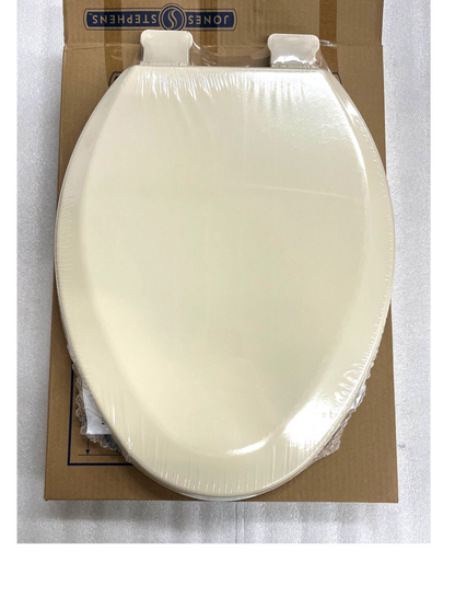 North Country Supply Jones Stephens elongated molded wood toilet seat in bone finish with QuickLean hinges.