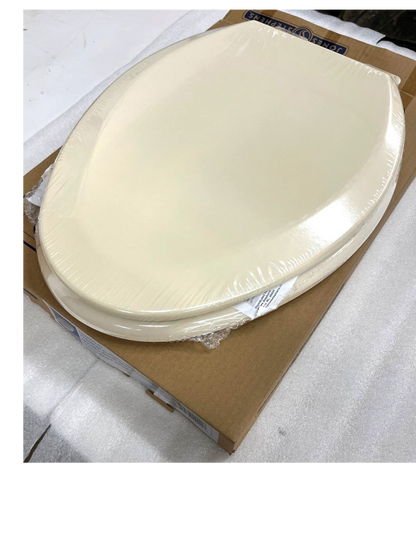 North Country Supply bone elongated molded wood toilet seat with closed front and QuickLean hinges in packaging.