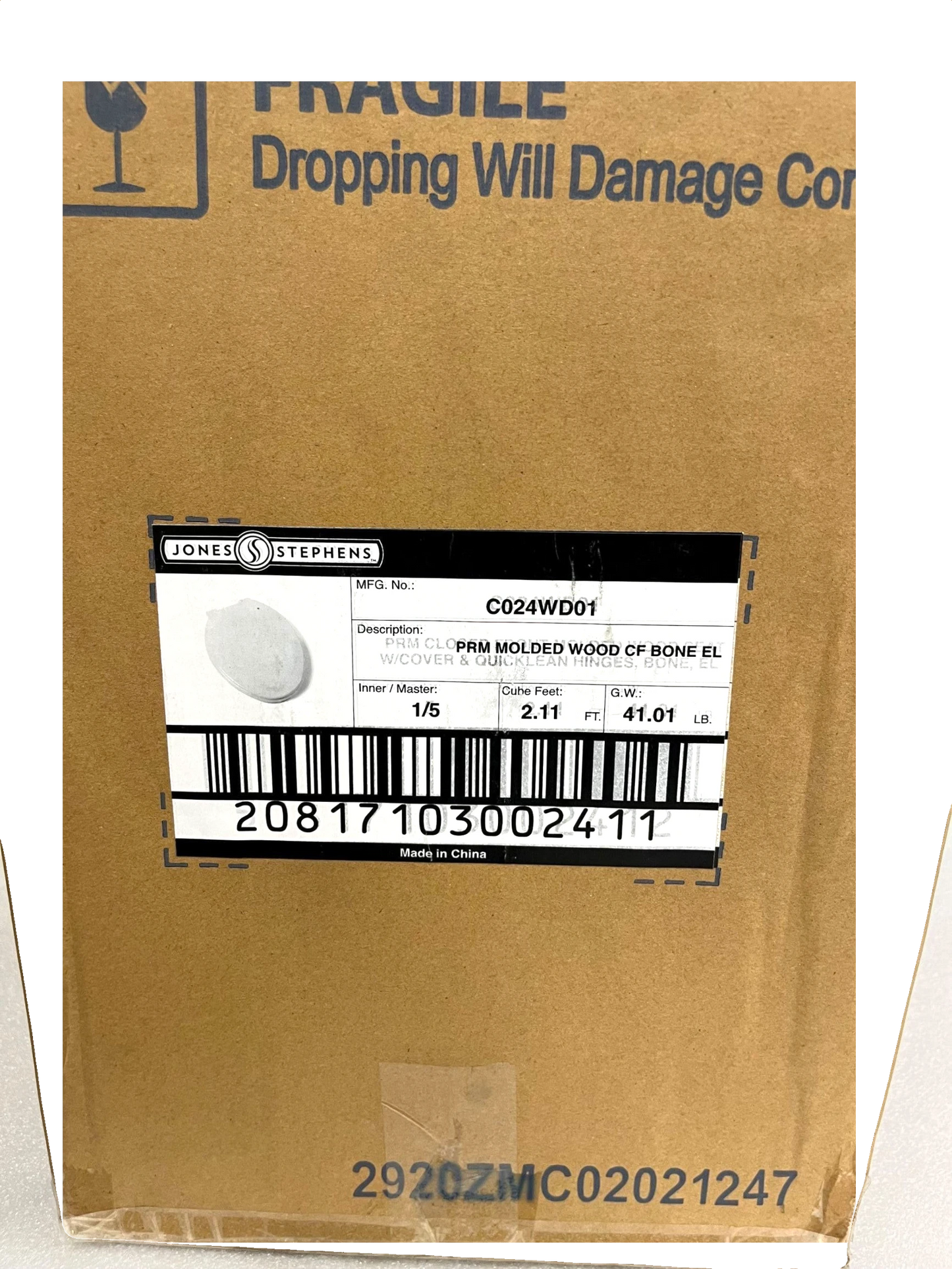 North Country Supply shipping box for Jones Stephens elongated molded wood toilet seat in bone with QuickLean hinges