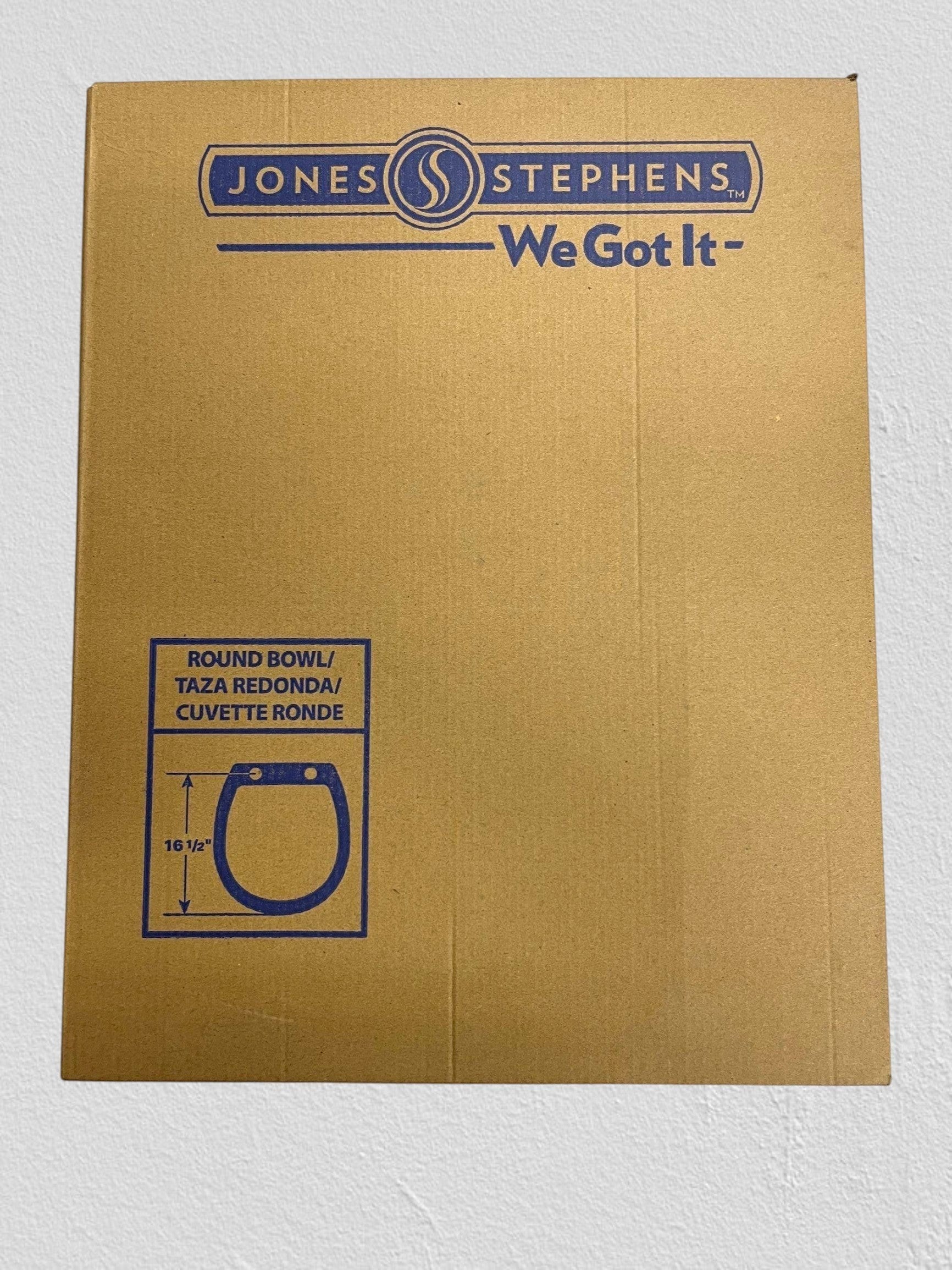 North Country Supply Jones Stephens round plastic toilet seat packaging in bone finish for standard 16.5-inch bowls.