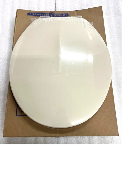 North Country Supply Jones Stephens round plastic toilet seat in bone finish with closed-front cover.