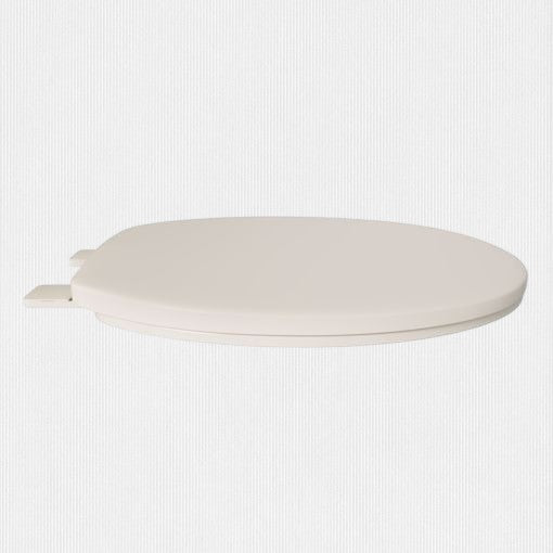North Country Supply bone-colored round plastic toilet seat with cover for residential or commercial bathroom use.