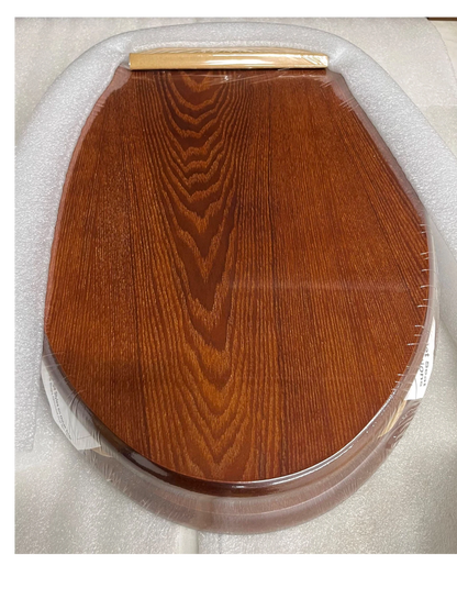 North Country Supply Decorative Wood Toilet Seat in cherry finish with brushed nickel hinges for elongated bowls.