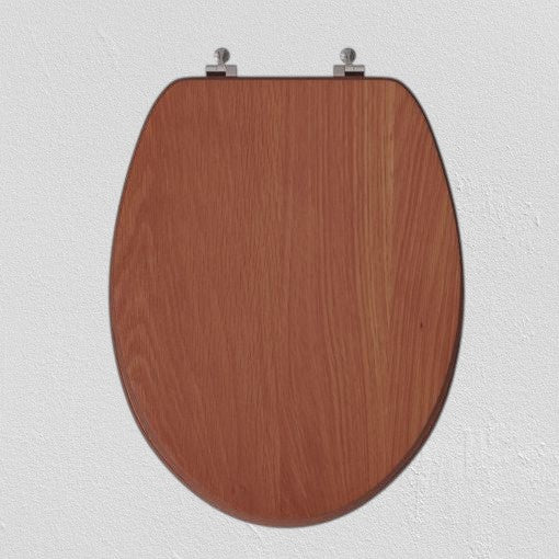 North Country Supply decorative wood toilet seat with cherry finish and brushed nickel hinges for elongated bowls.