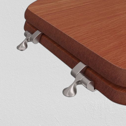 North Country Supply Decorative Wood Toilet Seat in cherry finish with brushed nickel hinges for elongated bowls.
