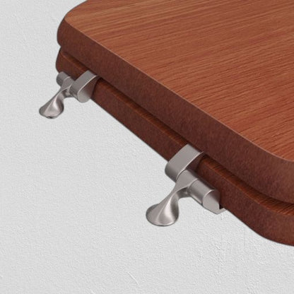 North Country Supply Decorative Wood Toilet Seat in cherry finish with brushed nickel hinges for elongated bowls.