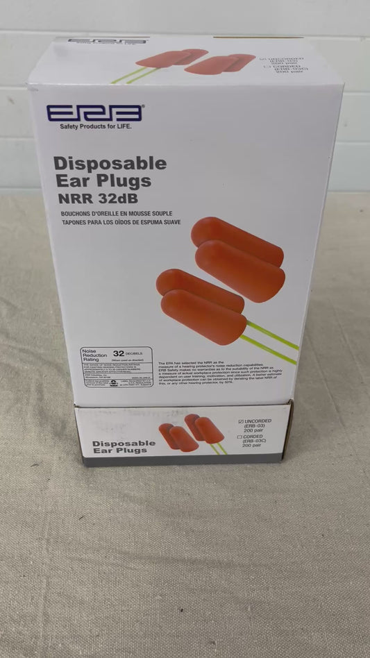 ERB Safety Disposable Ear Plugs NRR 32dB – 200 Pair Box (ERB-03)