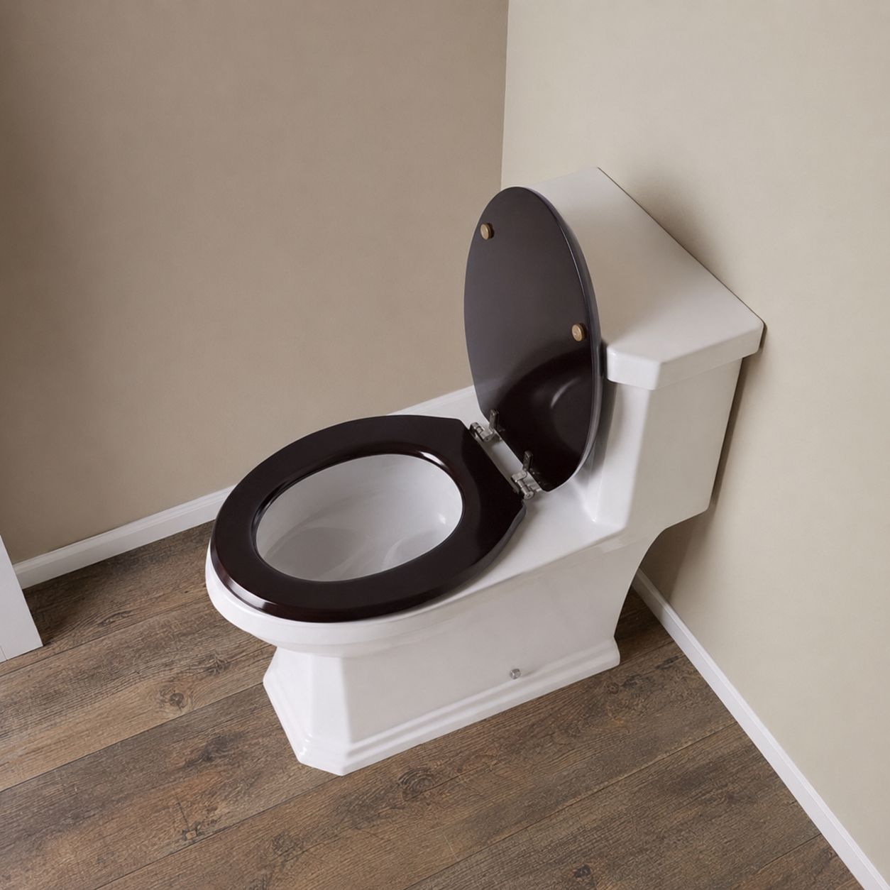 Jones Stephens C2B1E18CH Dark Brown Oak Elongated Wood Toilet Seat with Chrome Hinges