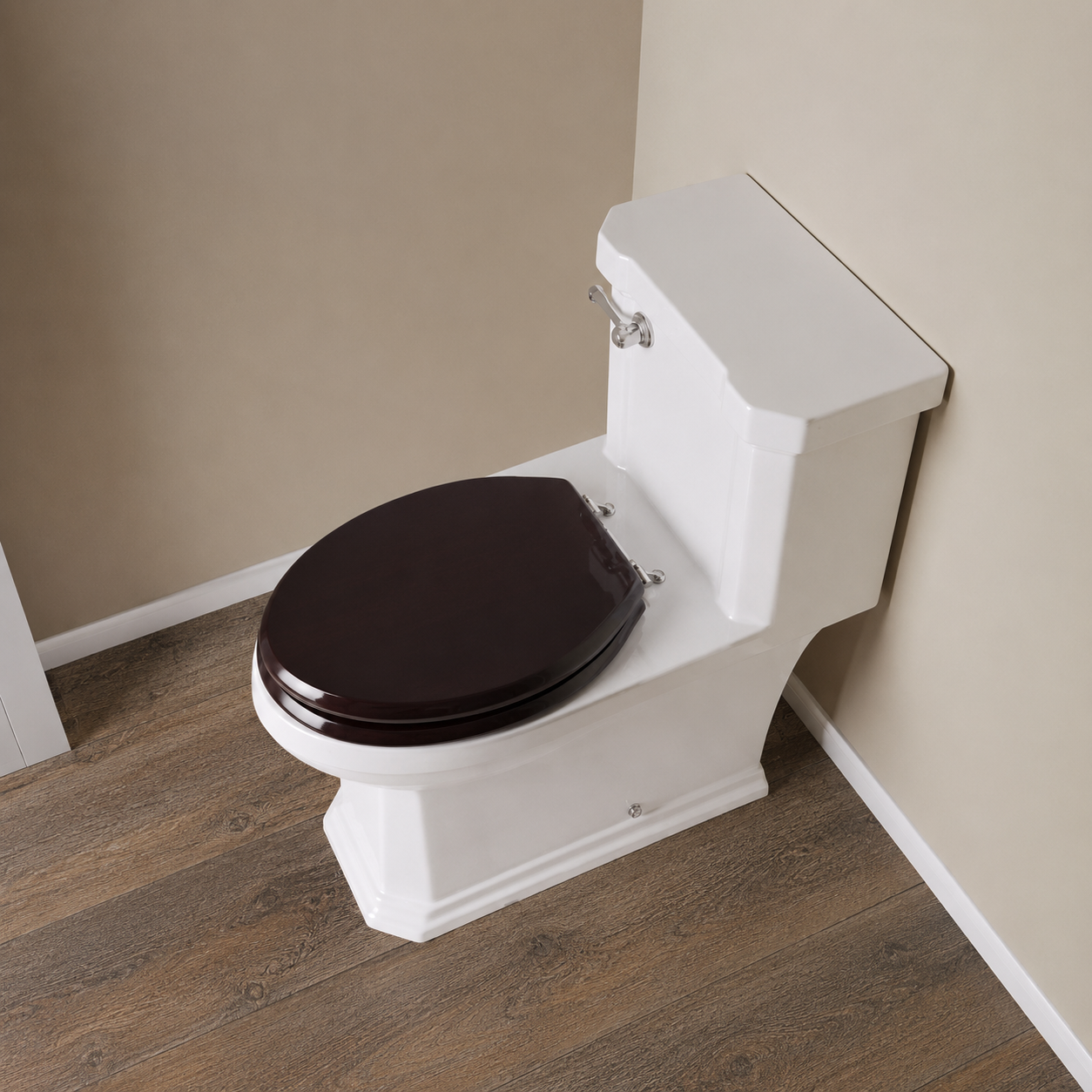 Jones Stephens C2B1E18CH Dark Brown Oak Elongated Wood Toilet Seat with Chrome Hinges